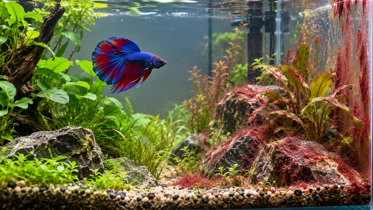 A healthy betta swims beside rocks and plants affected by red algae.