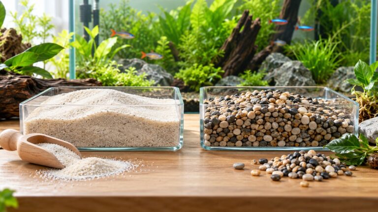 Clear trays of aquarium sand and smooth gravel are compared in front of a planted freshwater tank.