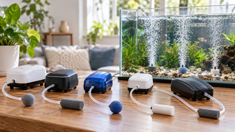 Small aquarium air bubblers arranged beside a clear fish tank.