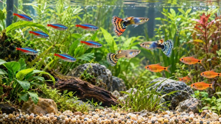 Small colorful freshwater fish swim among natural plants and gravel in a clear aquarium.