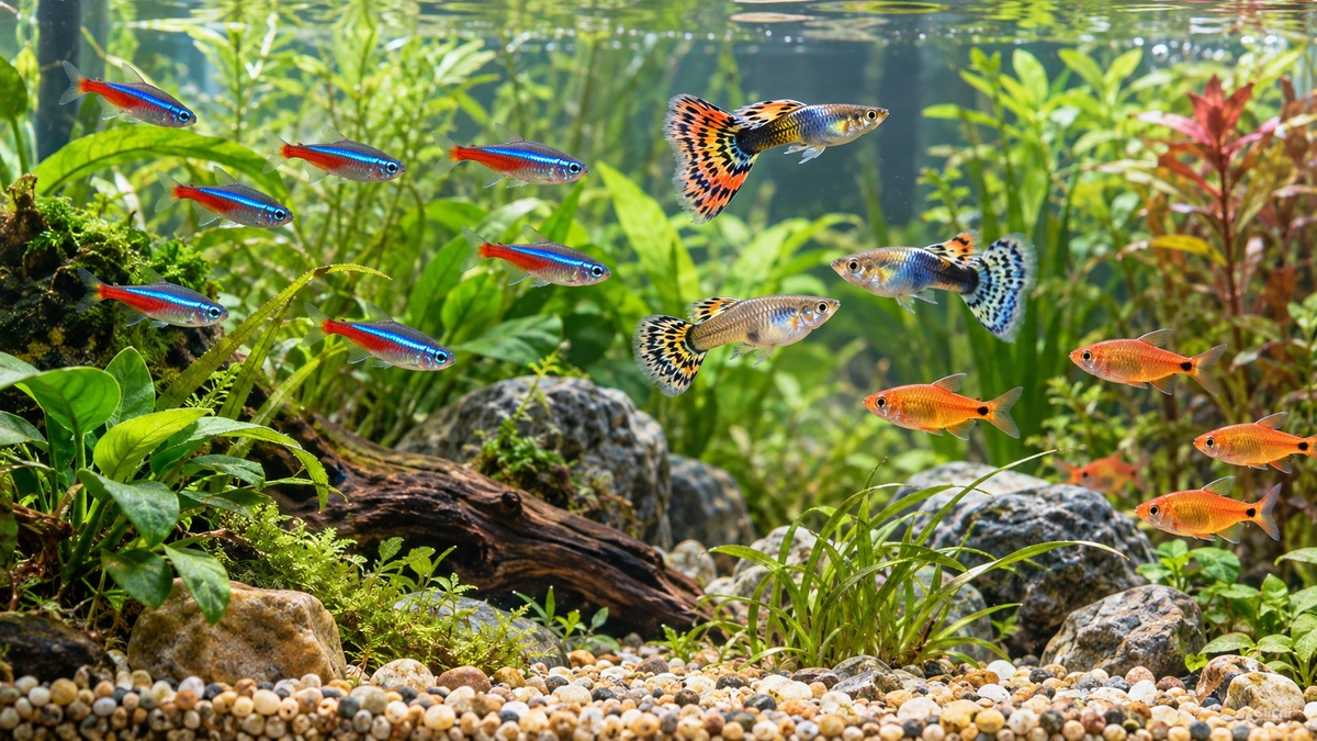 Small colorful freshwater fish swim among natural plants and gravel in a clear aquarium.