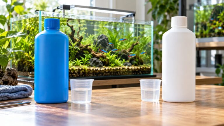 Two blank aquarium conditioner bottles and measuring cups sit in front of a planted freshwater tank.