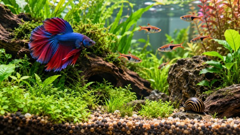 A male betta swims calmly with small compatible fish and a snail in a planted aquarium.