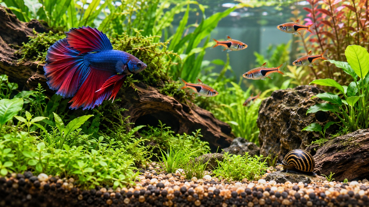 A male betta swims calmly with small compatible fish and a snail in a planted aquarium.
