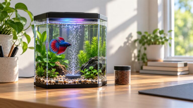 A small hexagonal clear tank with a bubbling disc at the base and a color-changing light on the lid, sitting on a desk beside a box of fish food.