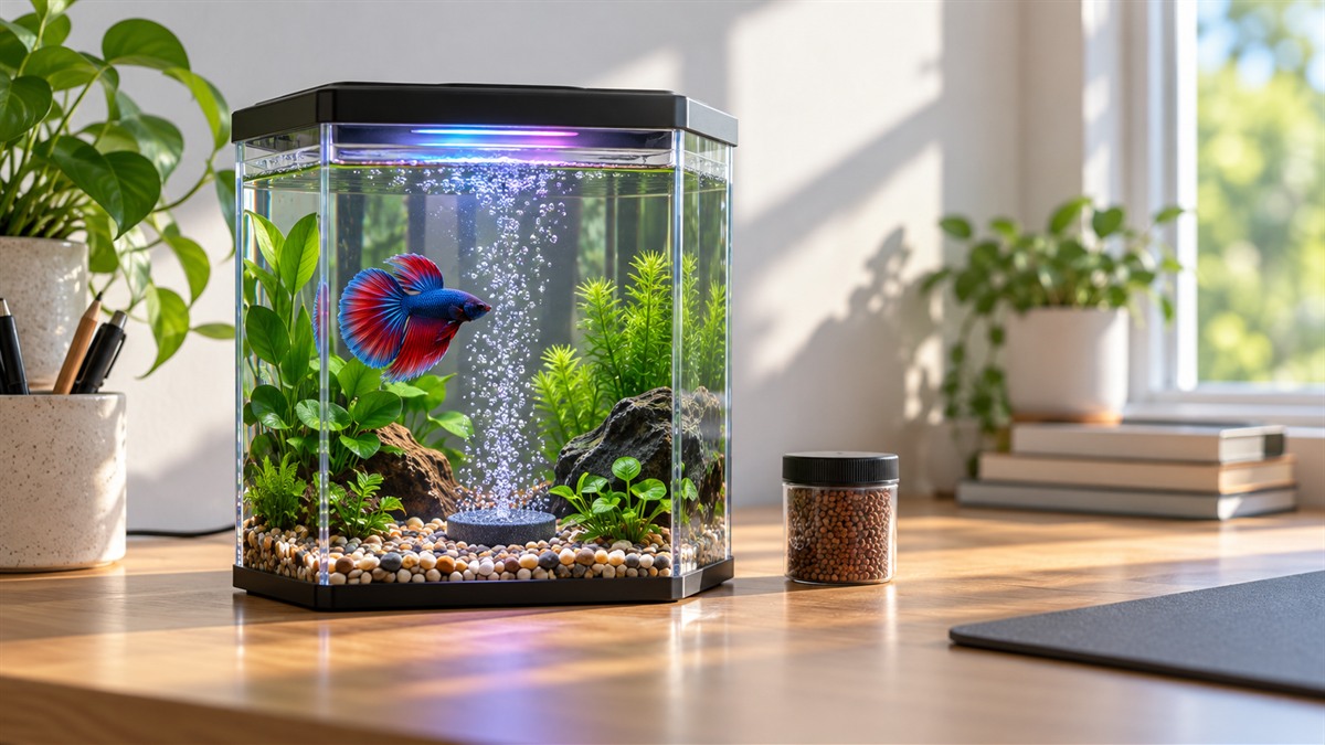 A small hexagonal clear tank with a bubbling disc at the base and a color-changing light on the lid, sitting on a desk beside a box of fish food.