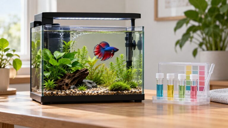 A compact generic betta aquarium with an integrated light, filter, heater, and unmarked water test kit on a bright desk.