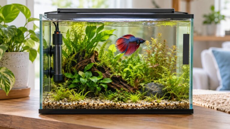 A generic compact heater is suction-cupped inside a planted five-gallon betta tank, with a plain thermometer strip visible.
