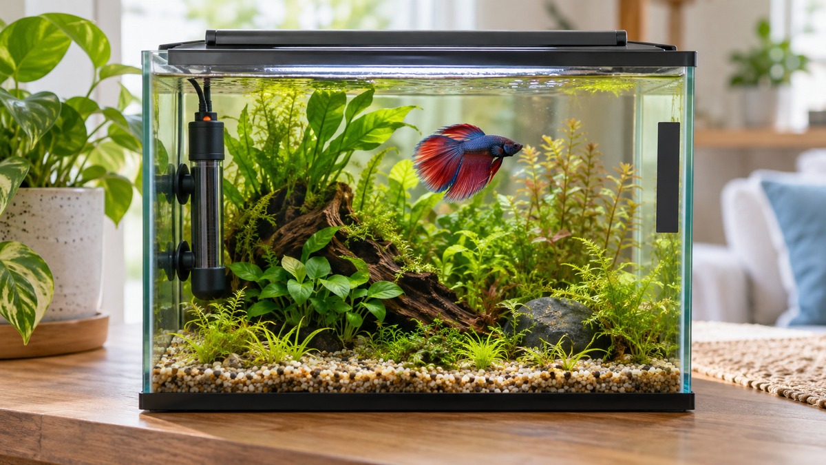 A generic compact heater is suction-cupped inside a planted five-gallon betta tank, with a plain thermometer strip visible.