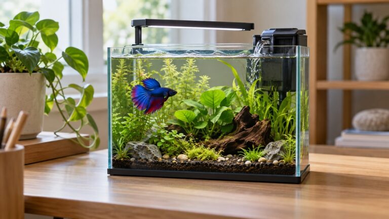 A compact three-gallon glass betta aquarium with a generic filter, light, and soft plants on a desk.