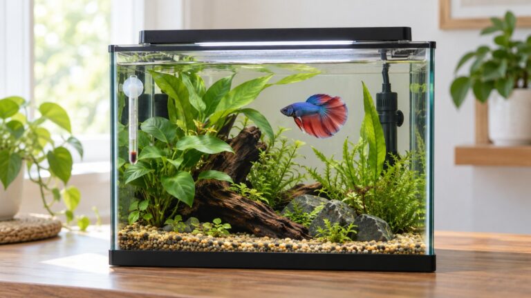 A heated five-gallon betta aquarium with a generic compact heater and a plain thermometer visible behind plants.