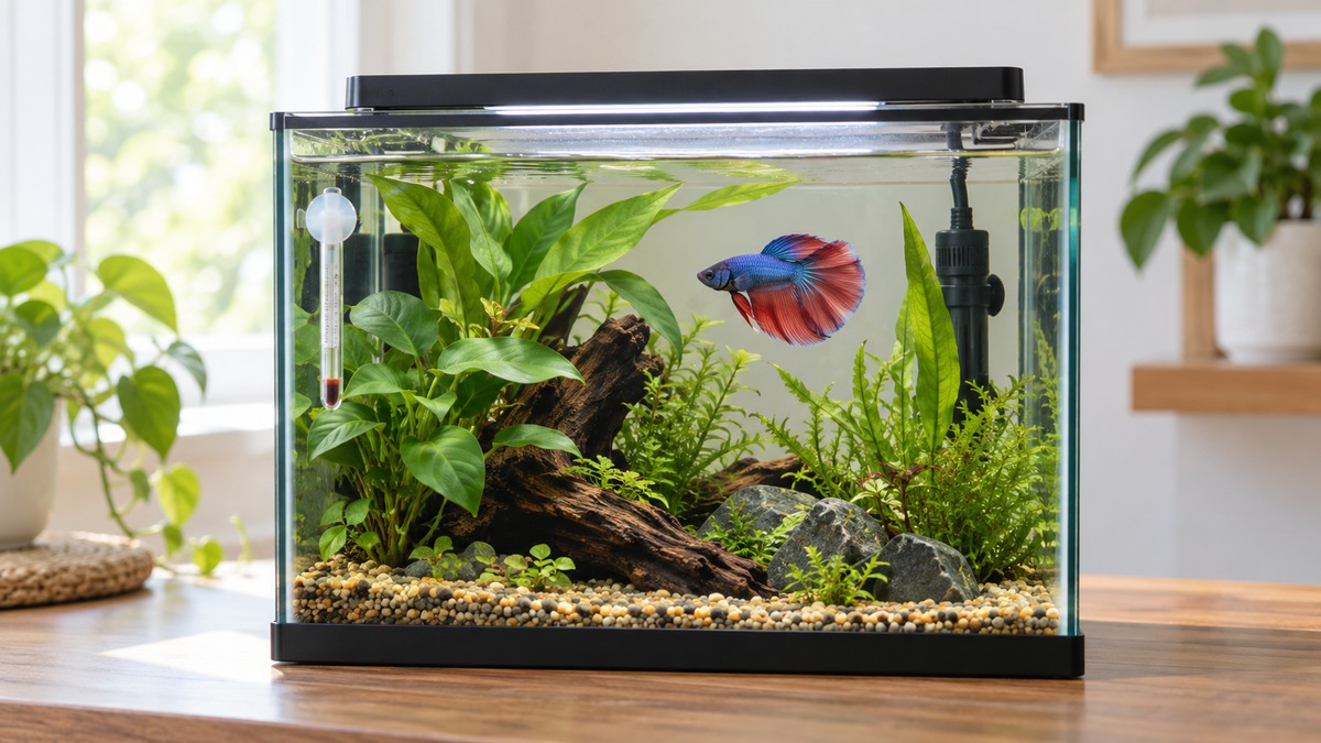 A heated five-gallon betta aquarium with a generic compact heater and a plain thermometer visible behind plants.