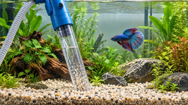 A blue electric gravel vacuum with a clear tube placed in a planted aquarium, with its hose resting on the gravel beside a betta.