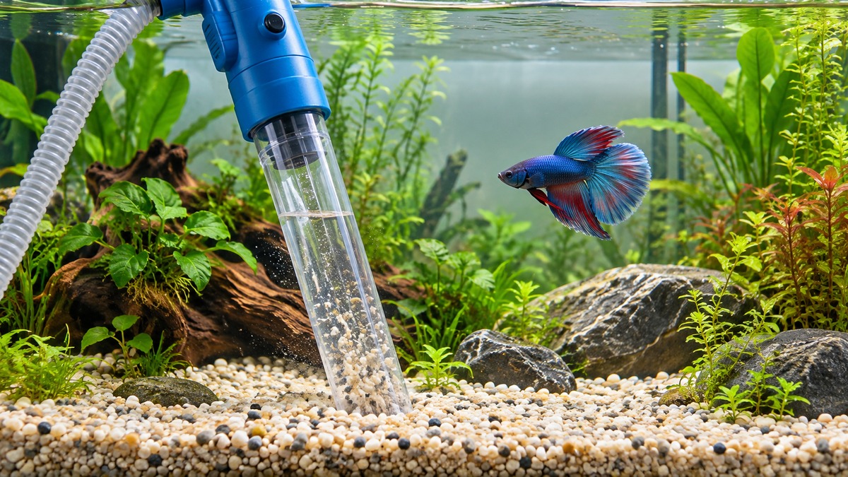A blue electric gravel vacuum with a clear tube placed in a planted aquarium, with its hose resting on the gravel beside a betta.