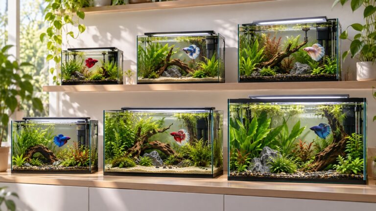 Six planted and filtered betta tank setups displayed in graduated sizes.