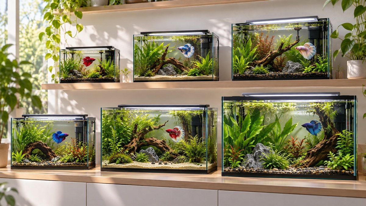 Six planted and filtered betta tank setups displayed in graduated sizes.