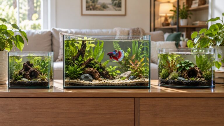Three planted aquariums of different sizes are compared in a bright living room.