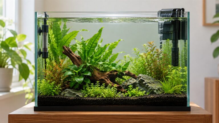 A clear planted five-gallon betta aquarium with a gentle filter and heater sits on a stand in soft daylight.