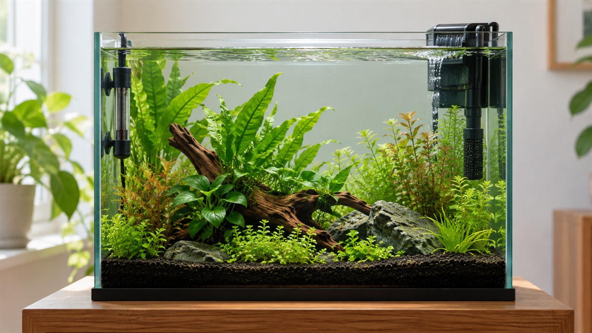 A clear planted five-gallon betta aquarium with a gentle filter and heater sits on a stand in soft daylight.
