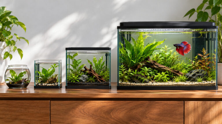 Betta aquariums of several sizes are compared with a spacious planted tank.