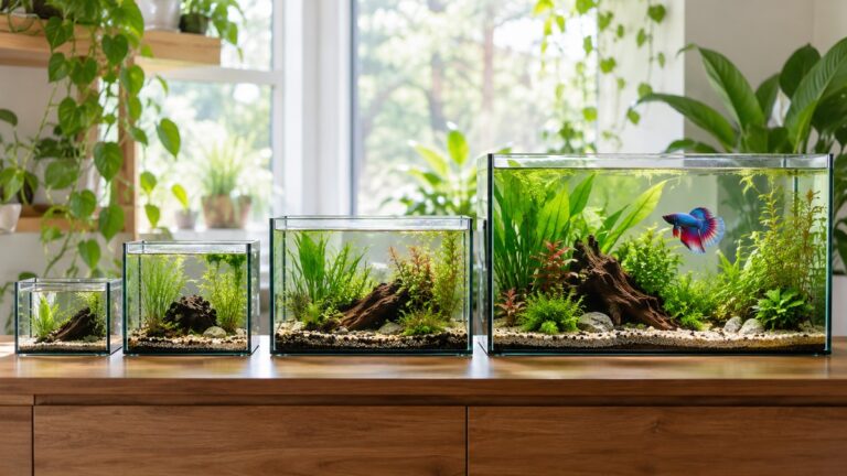 Aquariums of different sizes illustrate a roomy planted habitat for a betta fish.