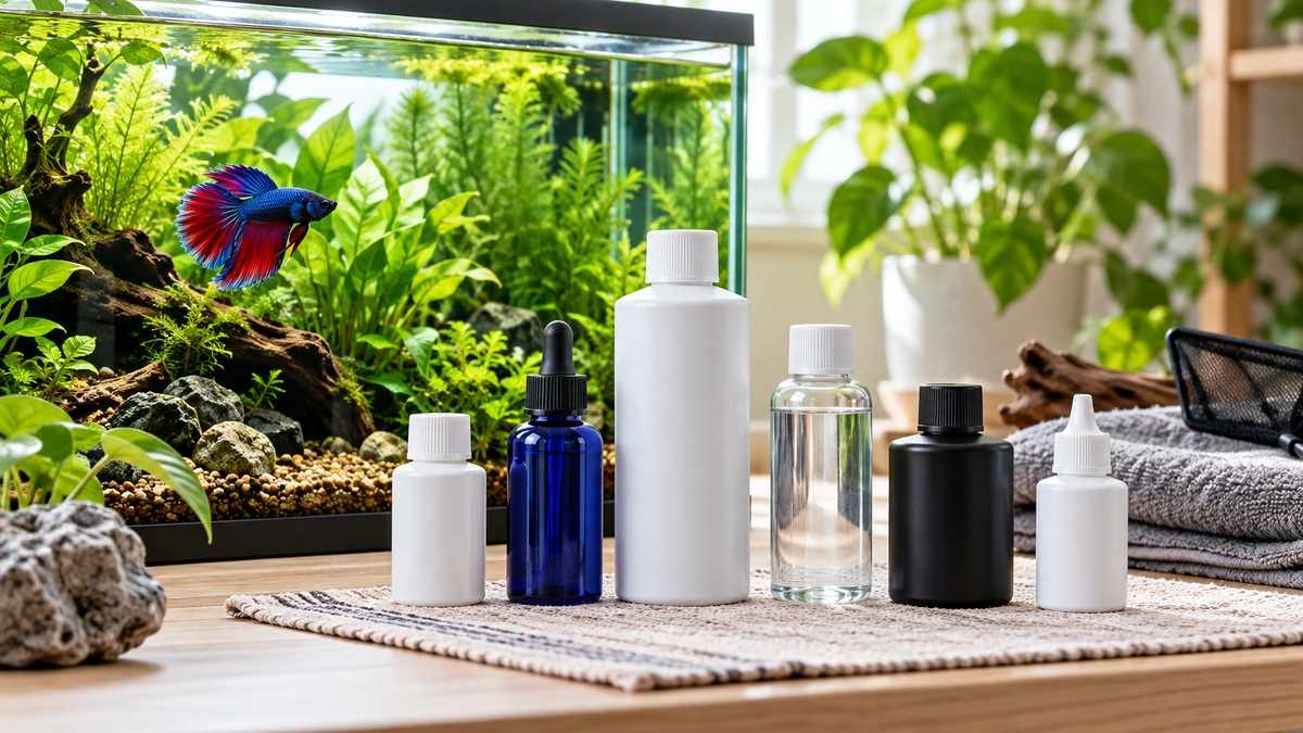 Six plain aquarium water conditioner bottles displayed beside a healthy planted betta tank.