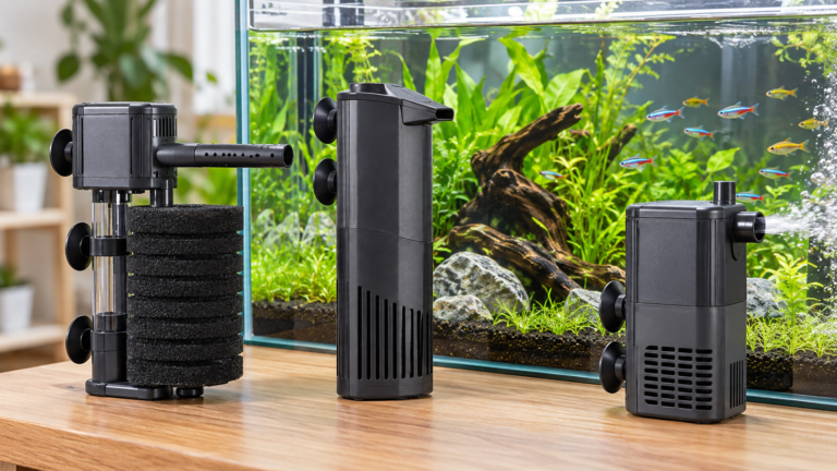 Three compact internal aquarium filters beside a planted tank