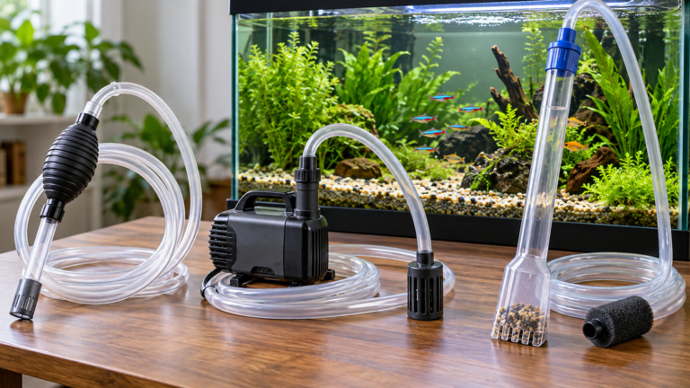 Aquarium cleaner pumps and siphon hoses beside a planted tank