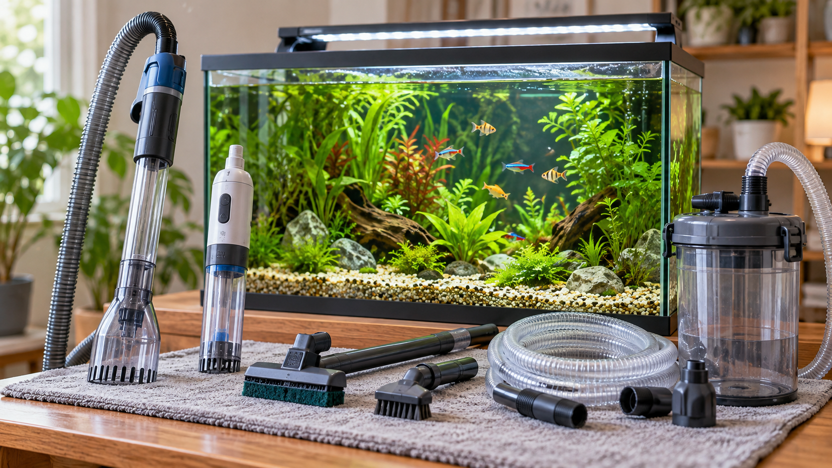 Electric aquarium cleaners arranged beside a planted fish tank