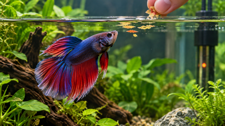 Betta fish examining flakes at the aquarium surface