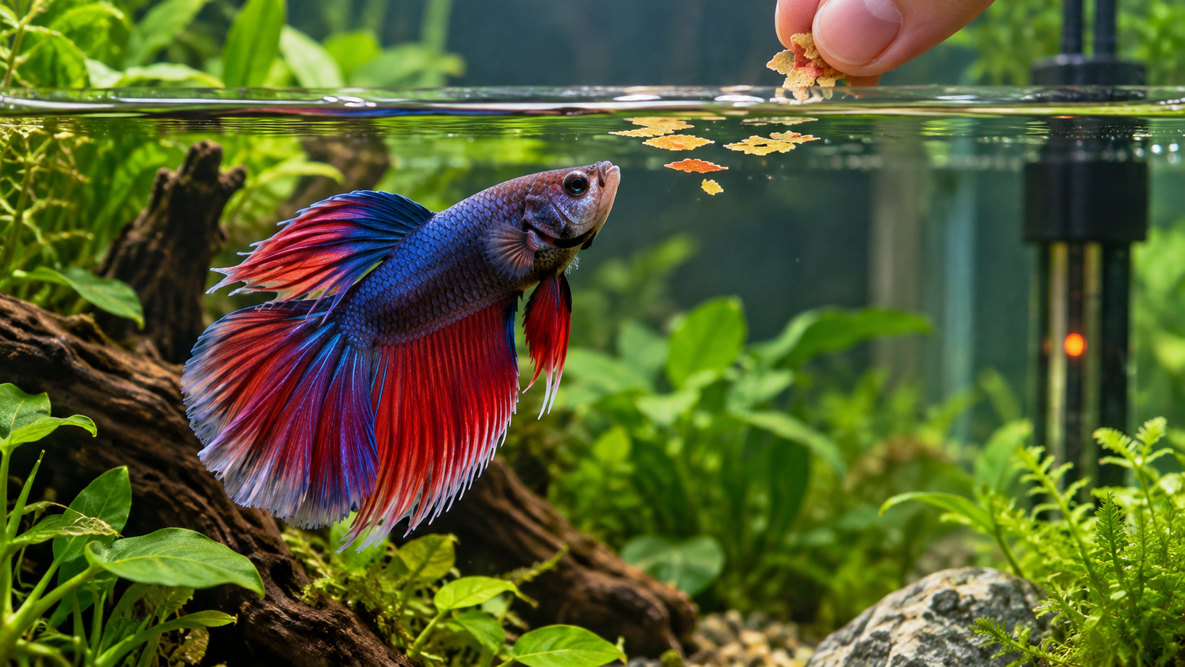 Betta fish examining flakes at the aquarium surface