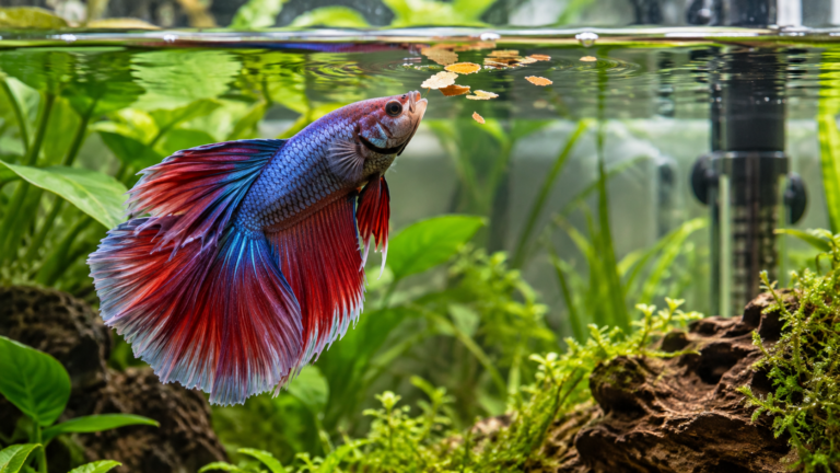 Betta fish approaching a small portion of flakes