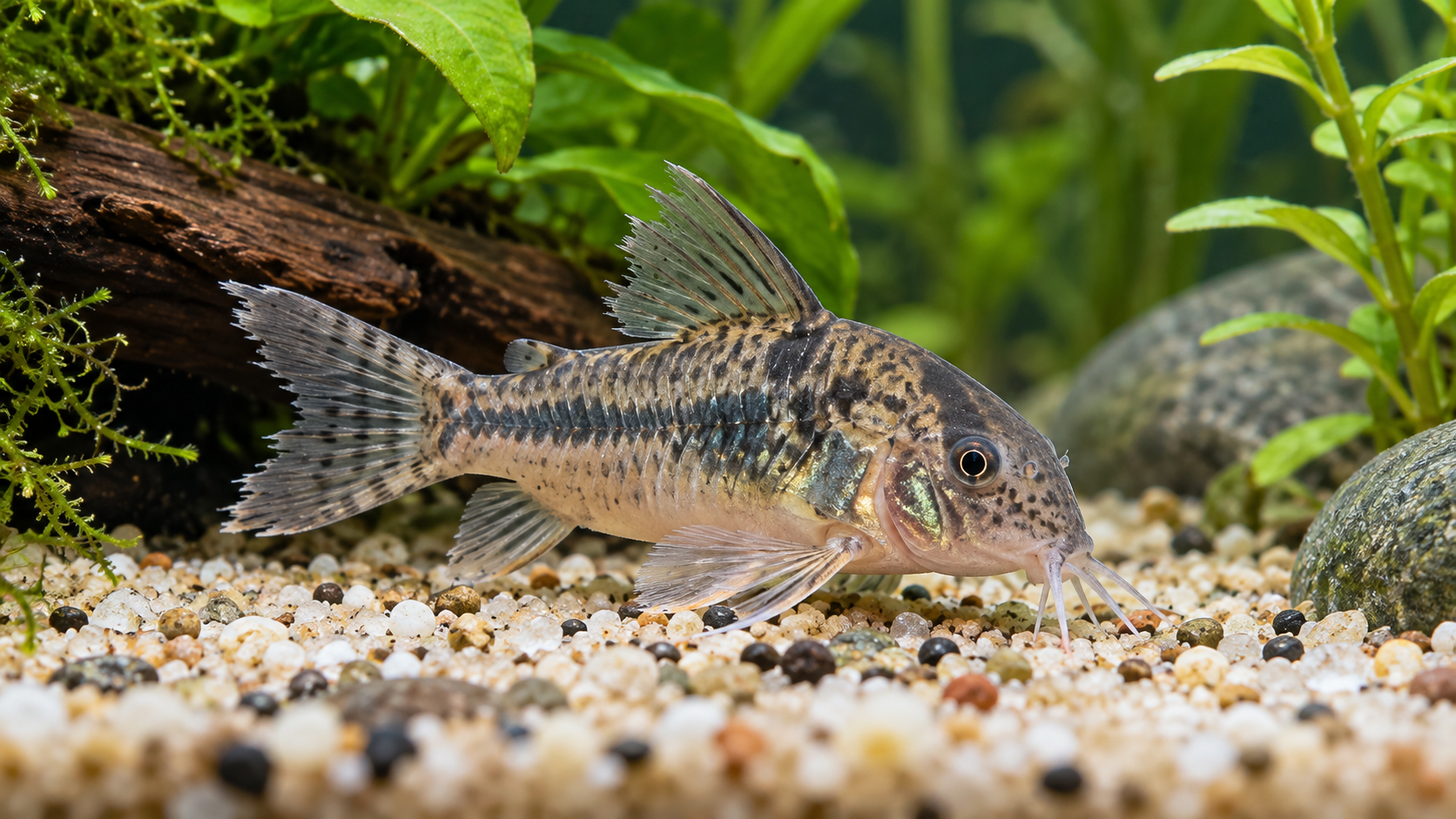 Corydoras with subtly frayed fins in a clean aquarium