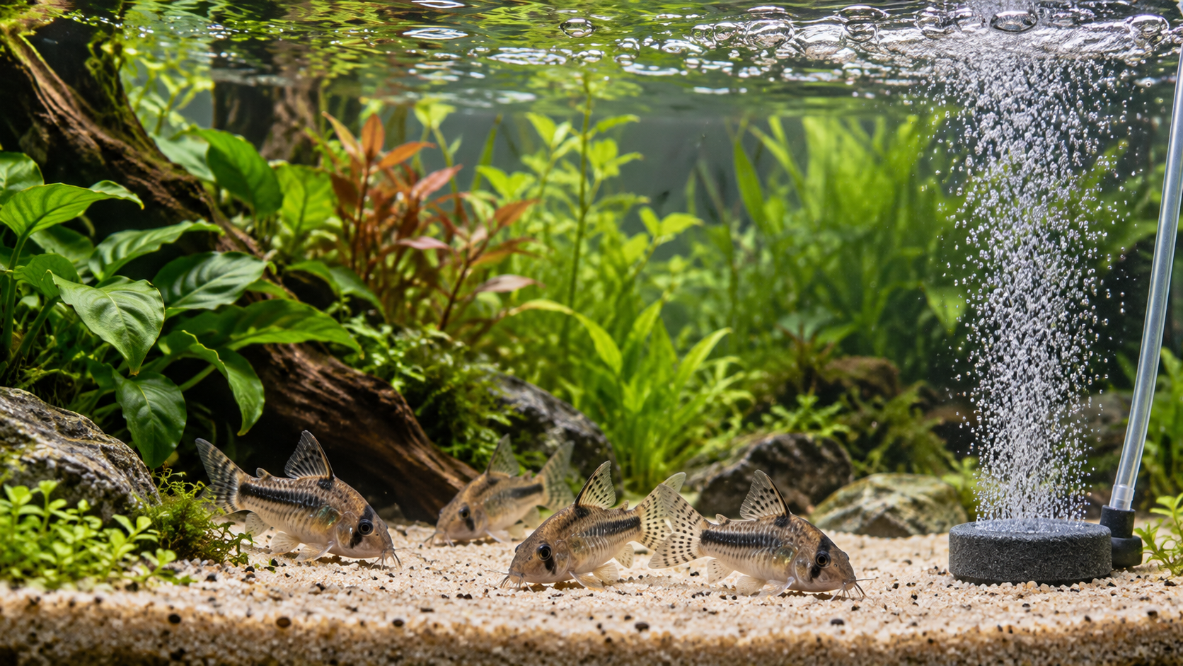 Corydoras near a gentle aquarium air stone