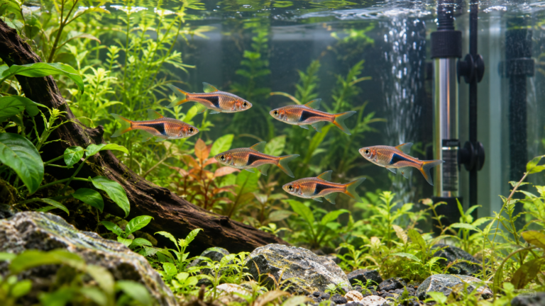 Rasboras swimming in a planted heated aquarium