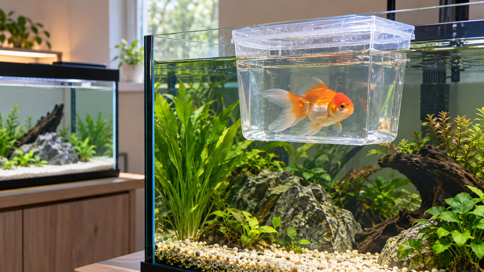 Goldfish acclimating safely in a new aquarium