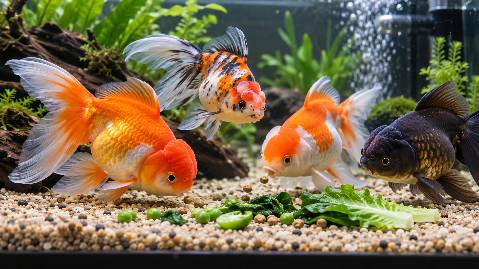 Goldfish eating pellets and vegetables in a clean aquarium