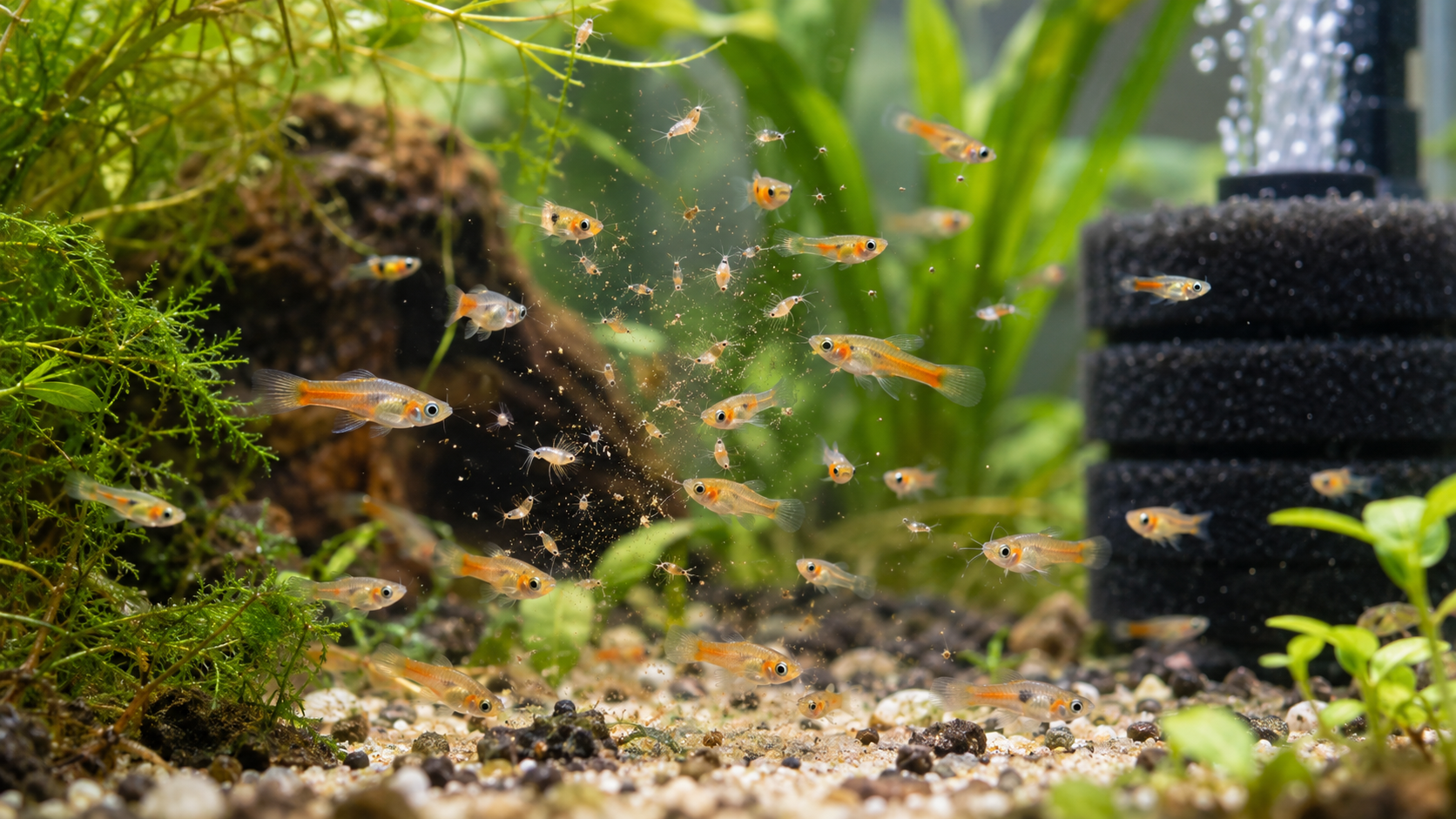 Swordtail fry feeding in a planted nursery aquarium