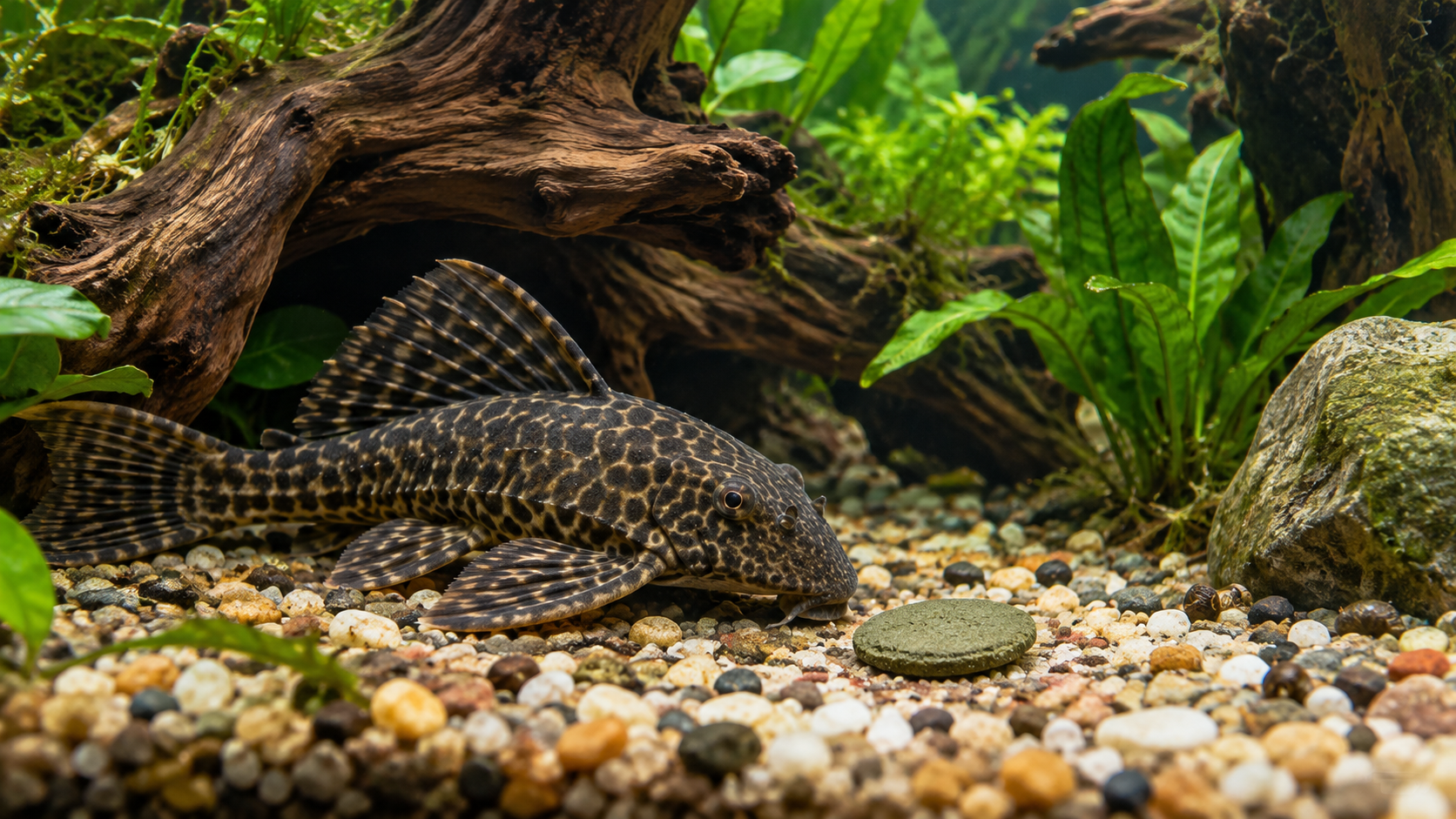 Pleco beside an uneaten algae wafer in a planted aquarium